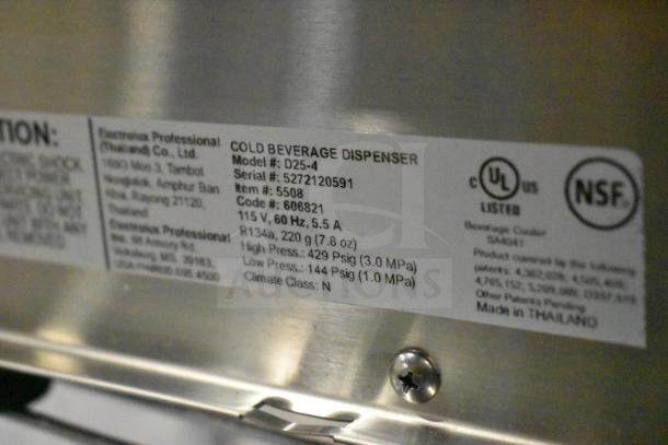 Crathco D25-4 beverage dispenser label, showing model, serial number, power specs, certifications, and manufacturing details.