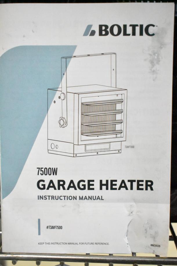 Brand new Boltic 73AVF7500 electric ceiling-mounted garage heater, 240V, 7,500W, slight scratch and dent, instruction manual shown.