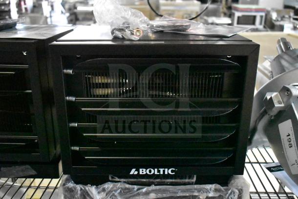 Brand new Boltic 73AVF7500 electric ceiling-mounted garage heater, 240V, 7,500W, scratch and dent. Visible Boltic logo.