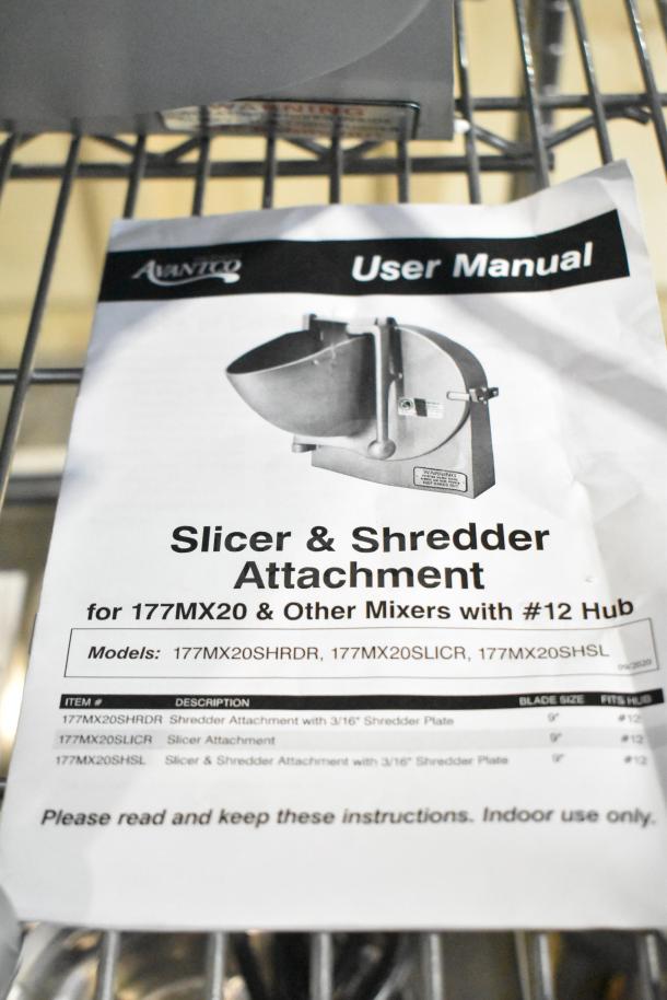 Brand new Avantco 177MX20 Pelican Head Attachment for #12 Hub Mixer, shown with user manual detailing slicer and shredder models.