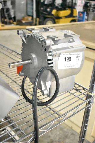 Brand new 2025 Nidec Motor, 230V, displayed with some scratches, label indicates lot number 199 from PCI Auctions.