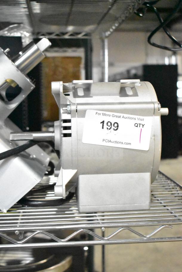 2025 Nidec motor, brand new with minor scratches, 230 volts, shown on metal shelf with label indicating auction details.