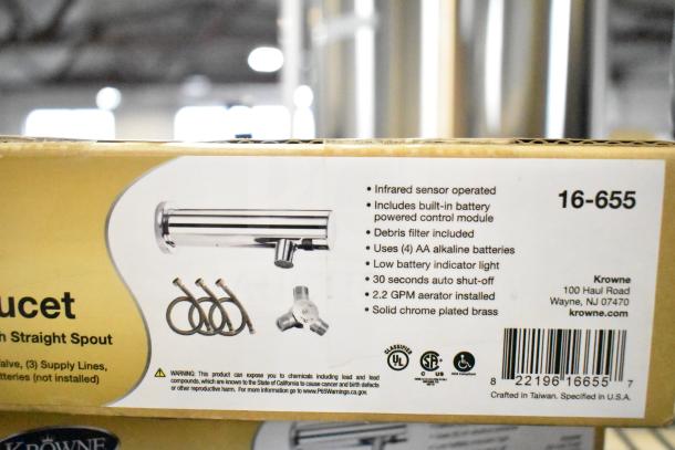 Box of Krowne 16-655 Royal Series Faucet, wall mount, infrared sensor, battery-operated, solid chrome, new condition.