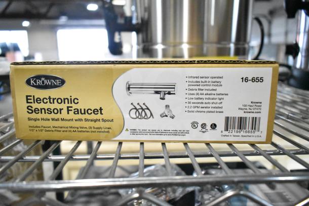 Box of Krowne 16-655 Royal Series Faucet, wall mount, single hole, infrared sensor operated, brand new, scratch and dent.