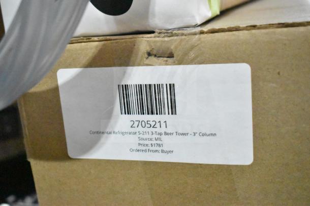 Label on box of Continental Refrigerator 5-211 3-Tap Beer Tower, model 2705211, price $1781, scratch and dent condition.