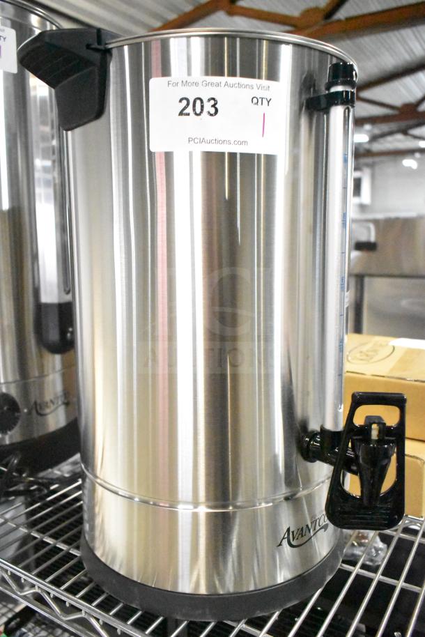 Avantco 177CU100ETL coffee urn, stainless steel, 100 cup capacity, scratch and dent, new condition, 120V, visible auction label.
