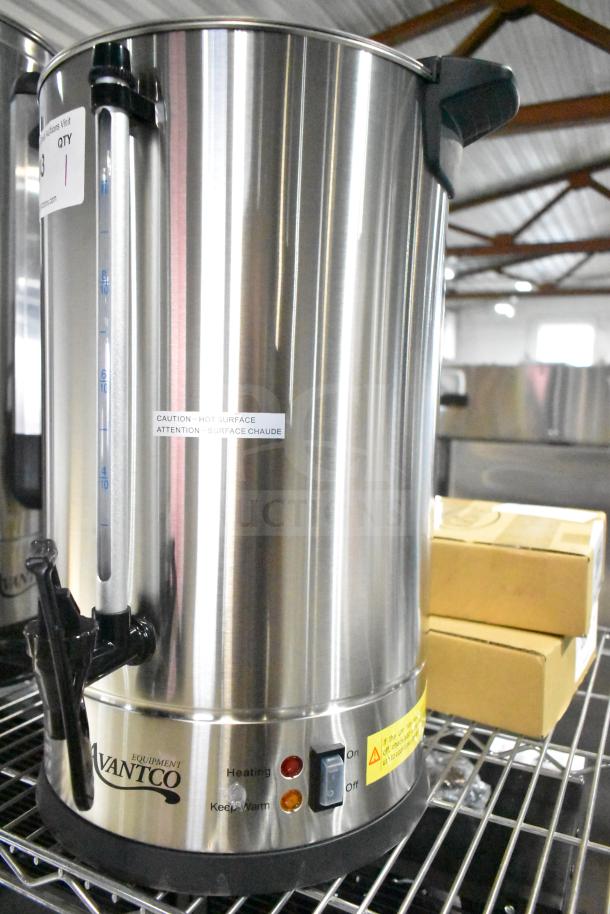 Brand new Avantco 177CU100ETL 100-cup stainless steel coffee urn, features double wall design, heating lights, and on/off switch.