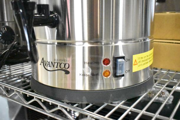 Brand new Avantco 177CU100ETL coffee urn, 100 cup capacity. Double wall stainless steel, heating controls, 120V, scratch and dent.