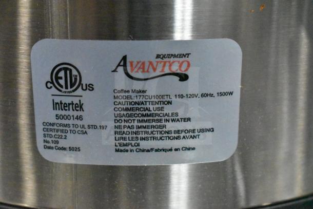 Brand new Avantco 177CU100ETL coffee urn label, ETL certified, 120V, 1500W, commercial use, stainless steel, 100 cup capacity.