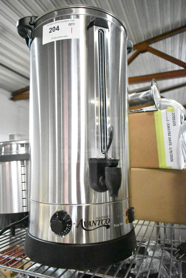 Brand new Avantco 177WB29L 7.6-gallon water boiler, stainless steel, 120 volts, visual gauge, model tag visible.