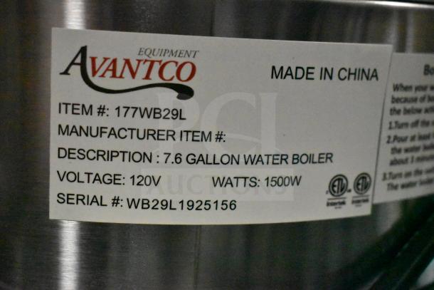 Brand new Avantco 177WB29L 7.6-gallon water boiler, 120V, 1500W, scratch and dent condition, model label shown.