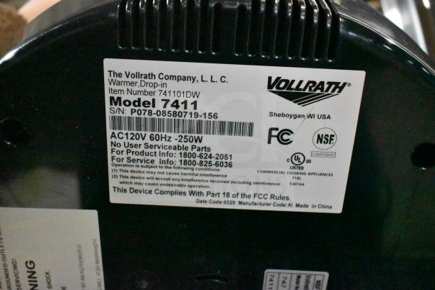 BRAND NEW Vollrath 7411 Mirage 11 Qt. Silver Drop-In Induction Warmer, 120V, 250W. Model label details.