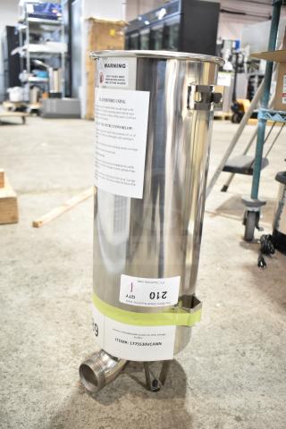 Brand new Avantco 177SS30VCANN canister for 30 lb. sausage stuffers. Stainless steel, minor scratches, caution labels visible.