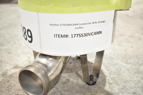 BRAND NEW Avantco 177SS30VCANN canister for 30 lb. sausage stuffers, scratch and dent condition; item label visible.