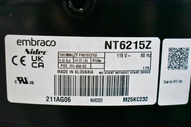 Brand new scratch and dent Embraco NT6215Z compressor, 115V, 1 phase, thermally protected, made in Slovakia.