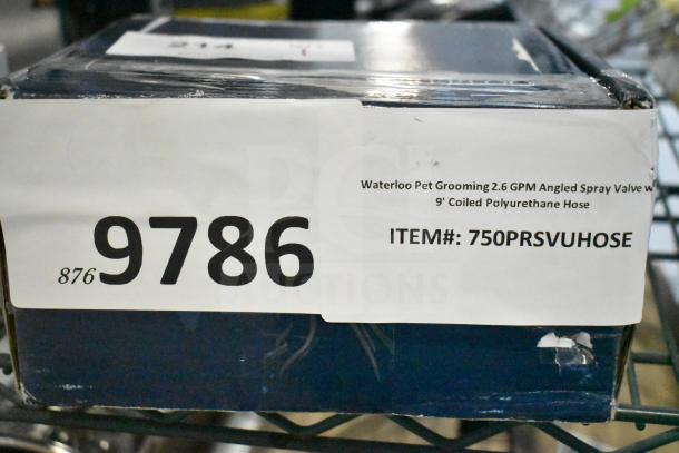 BRAND NEW Waterloo Pet Grooming 2.6 GPM spray valve with 9' coiled polyurethane hose, item #750PRSVUHOSE, in box.