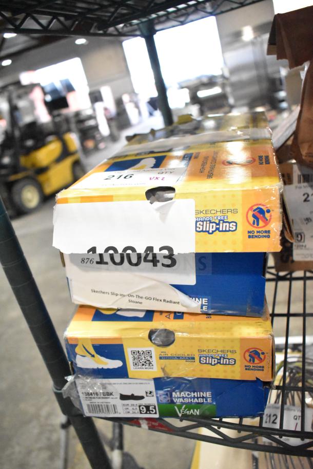 Two boxes of Skechers Slip-ins: On-The-GO Flex Radiant shoes, Sloane and Mallory size 9.5, new with minor box damage.