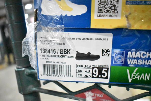 Two new Skechers Slip-ins: On-The-GO Flex Radiant - Sloane & Mallory, size 9.5. Box label shows barcode, EU 39.5, USA 9.5.