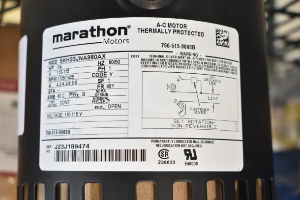 BRAND NEW Marathon 5KH33JNA980AX Motor, 110-115V, 1 Phase, thermally protected, permanently lubricated bearings.