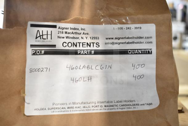 Close-up of a label on a package from Aigner Index, Inc. detailing 400 units of 460LABLC6IN and 460LH parts.