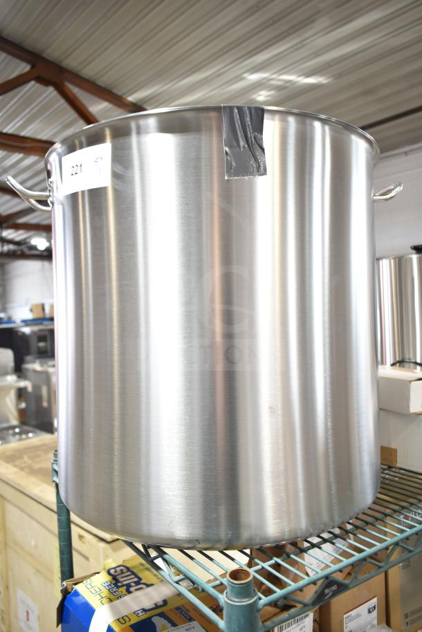 BRAND NEW Vigor SS1 100 Qt. stainless steel stock pot with minor scratches, aluminum-clad, includes cover.