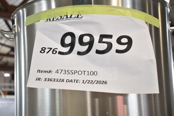Brand new Vigor SS1 Series 100 Qt. stainless steel aluminum-clad stock pot with cover, model 473SSPOT100, scratch and dent condition.