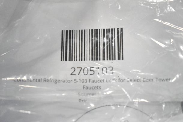 Barcode and text label reading "2705103, Continental Refrigerator 5-103 Faucet Lock for Select Beer Tower Faucets."