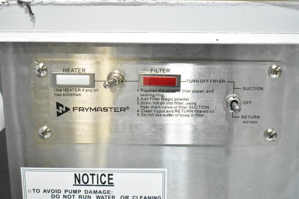 BRAND NEW Frymaster PF110R 110 lb. portable fryer oil filter, reversible pump, 120V, 1/3 hp, with operational labels.