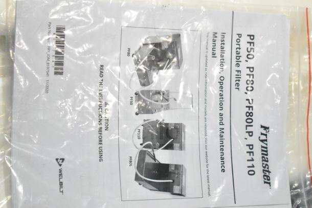 Brand new Frymaster PF110R fryer oil filter manual, visible plastic packaging, labeled with model details and part number.