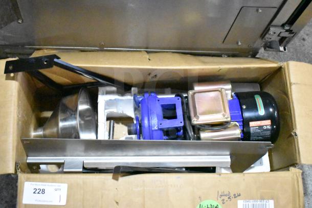 Vevor GM-001 Electric Grain Mill Grinder in box. 120V, 1 Phase. Includes metal conduit and labeled components. New condition.