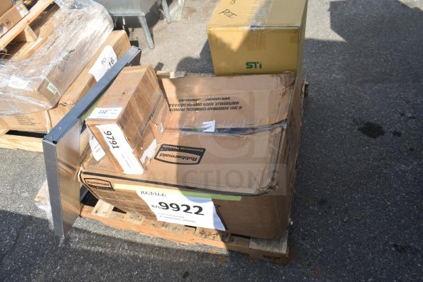 4 new scratch and dent items including Rubbermaid utility cart, Moffat door, Avantco grinder, STI box on pallets.