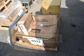 4 new scratch and dent items including Rubbermaid utility cart, Moffat door, Avantco grinder, STI box on pallets.