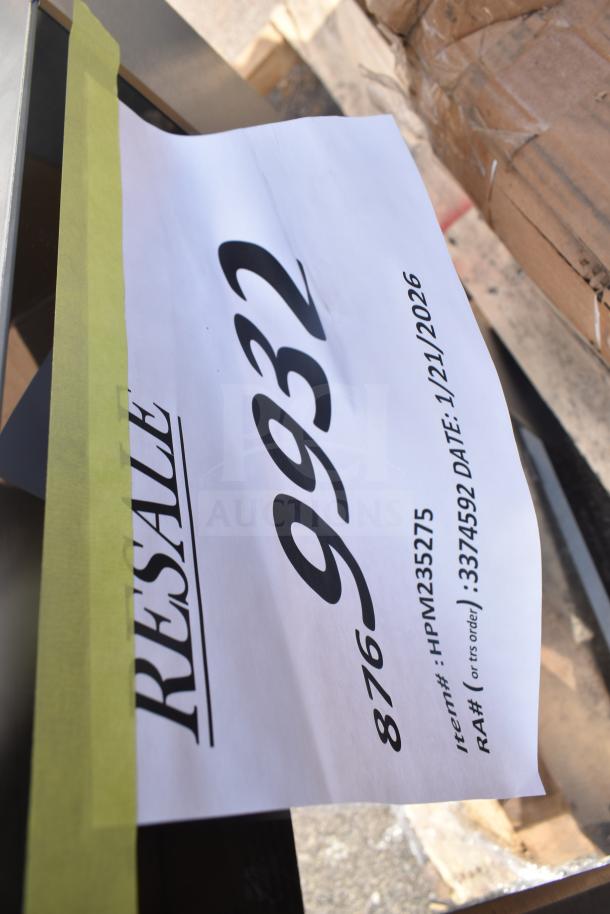 Four new items: Rubbermaid FG342488BLA utility cart, Moffat M235275 door, Avantco 177MIX8XMG grinder, STI WBO-12L. Auction lot 9932.