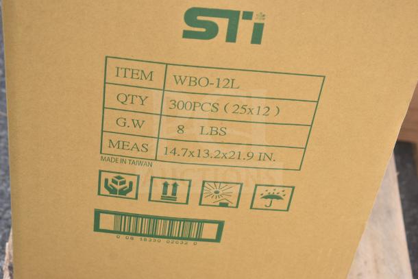Box labeled "STI WBO-12L," quantity 300 pieces, weight 8 lbs, dimensions 14.7x13.2x21.9 in, made in Taiwan.