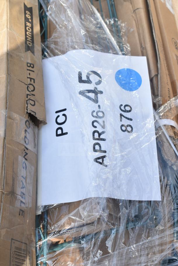 Bundle of 11 new scratch and dent items including wire shelves and bi-folding table. Marked APR26-45.