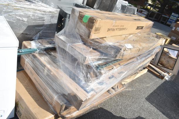 Pallet of 11 brand new scratch and dent items, including wire shelves and bi-folding table, wrapped in plastic.