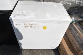 Hisense WFC070M6RWD chest freezer, 115V, 1 phase, visible surface wear, handwritten notes on front, tagged as refrigeration.