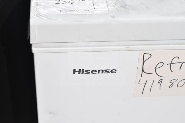 Hisense WFC070M6RWD chest freezer, visible Hisense logo, model label. Condition appears slightly worn. 115 Volts, 1 Phase.