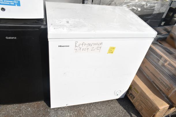 Hisense WFC070M6RWD Chest Freezer, white, 115 Volts, 1 Phase, visible markings and wear, includes manufacturer's label.