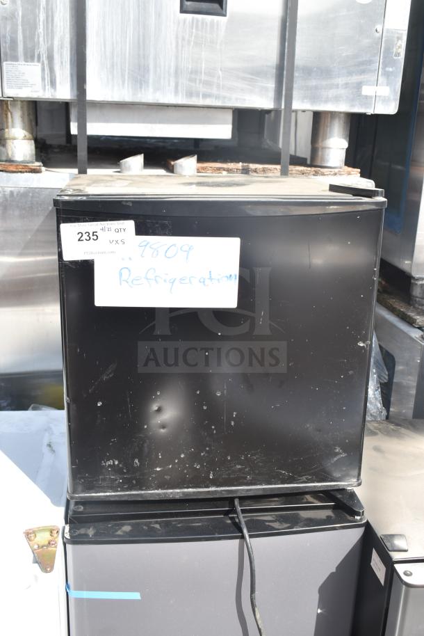 Five mini coolers including Accucold FS24L Freezer, Galanz models. 115V, 1 Phase. Visible wear and handwritten notes.