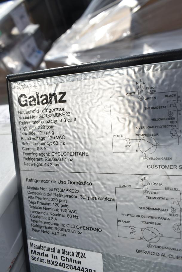 "Galanz GLR33MBKE23 refrigerator label, 3.3 cu ft, 120 VAC, R600a refrigerant, manufactured March 2024, 43.2 lbs."