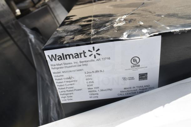 Five mini coolers including Accucold FS24L and Galanz models with labels showing Walmart branding, 115V, 1 Phase.