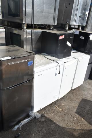 Five appliances including Frigidaire EFR451-B-6COM cooler, Hisense chest freezer, and others. Used condition. 115 volts.