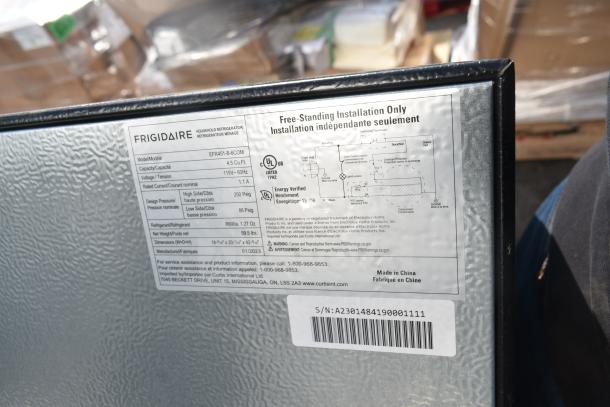 Frigidaire EFR451-B-6COM mini cooler label, 4.5 cu ft, 115V, 60Hz, model details, and installation info shown.