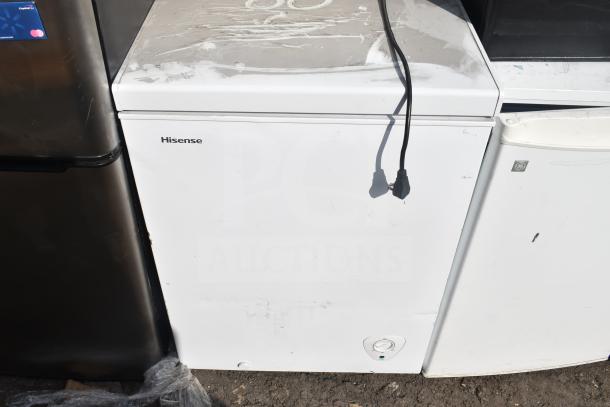 Five items including Hisense WFC050M6XWD chest freezer, GE GMR04AAMWW mini cooler, showing visible wear, and cords.