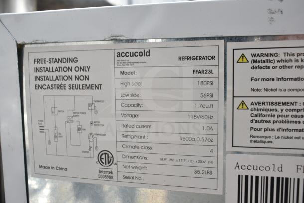 Accucold FFAR23L tag shows features: 1.7 cu. ft. capacity, 115V, 1.0A, dimensions 18.9"x17.7"x20.6", weight 35.2 lbs.