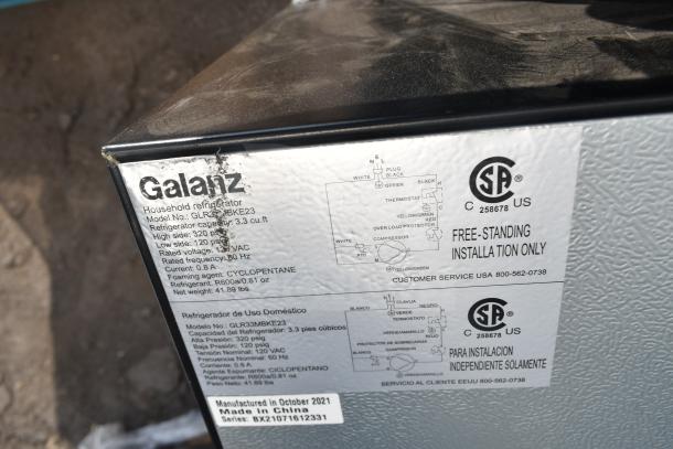Galanz mini cooler model GLR31BKE23 label, showing electrical details, capacity 3.3 cu. ft., and installation instructions.