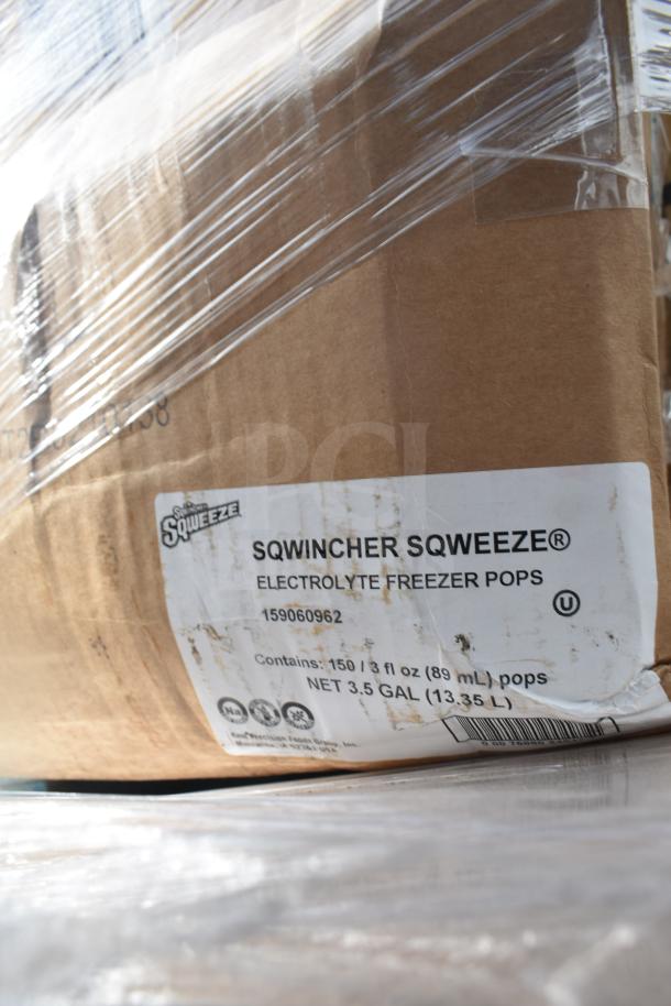 Cardboard box labeled "Sqwincher Sqweeze Electrolyte Freezer Pops," contains 150 pops, 3.5 gal (13.35 L), slightly scratched.