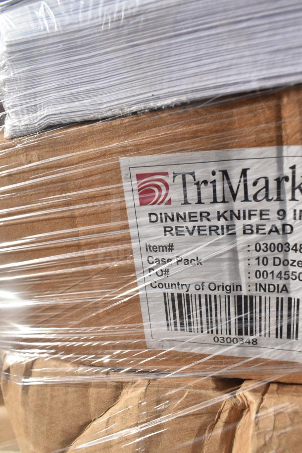 Close-up of a wrapped package labeled "TriMark Dinner Knife 9-inch Reverie Bead," showing item and case pack details.