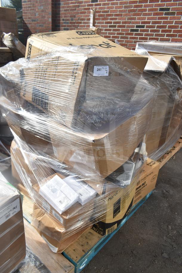 Pallet with 16 brand new scratch and dent items, including cups, tumblers, and envelopes, wrapped in plastic.